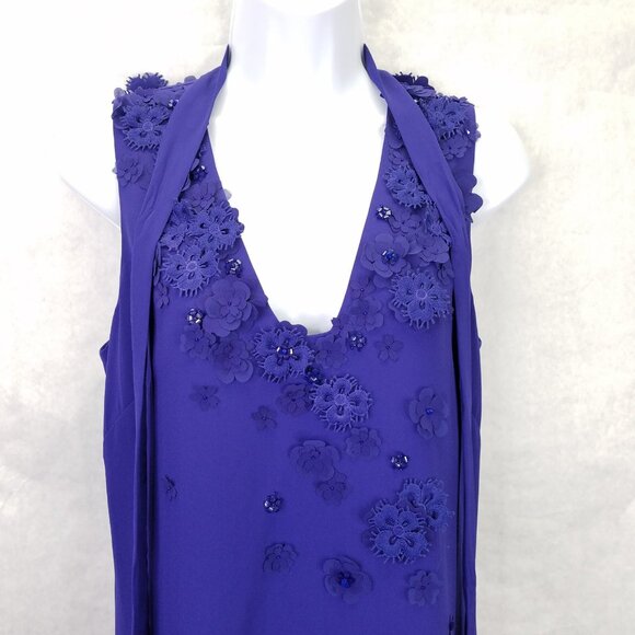 Karen Millan Mini Dress Sz 6 Floral Applique Beads Taffeta Purple Ruffle Tiered - Picture 2 of 16